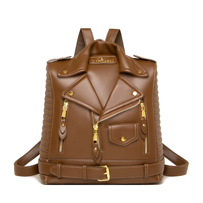 MOs Soft Leather Textured Jacket Trendy Wild Clothes Backpack