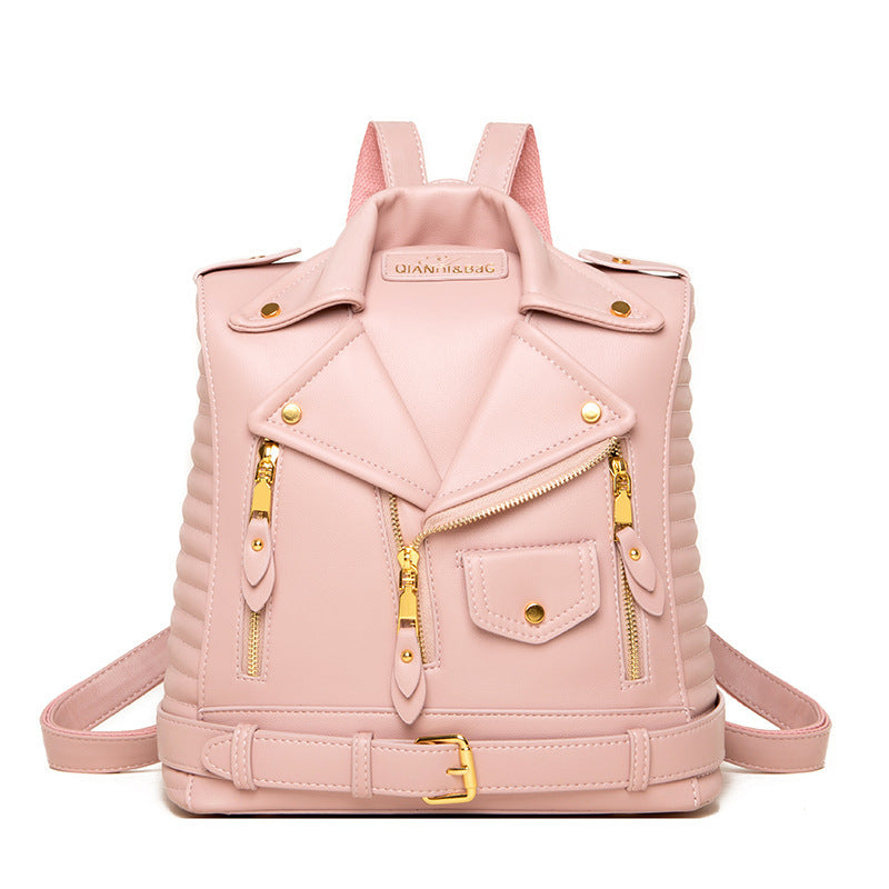 MOs Soft Leather Textured Jacket Trendy Wild Clothes Backpack