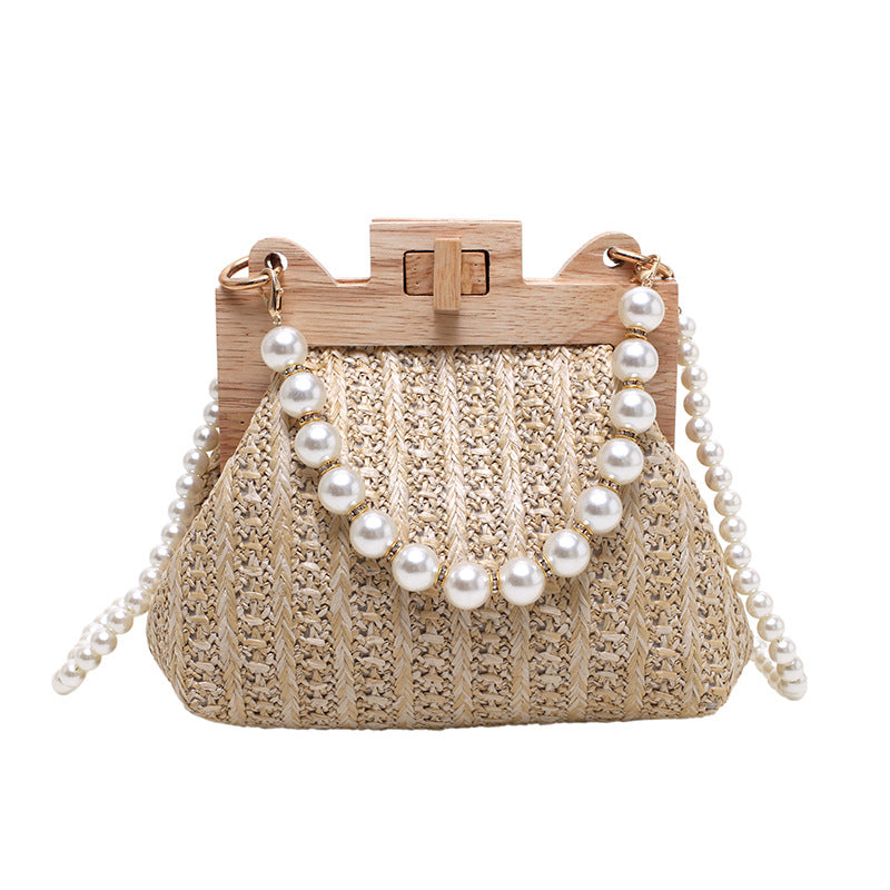 MOs Women's Straw Beach Pearl Chain Woven Shoulder Bag