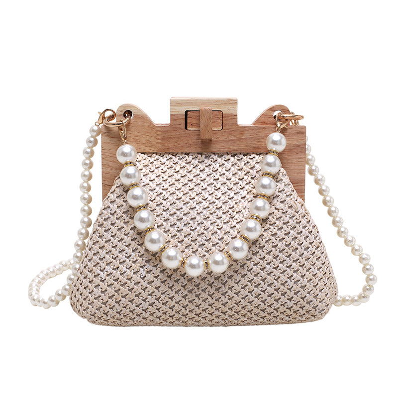 MOs Women's Straw Beach Pearl Chain Woven Shoulder Bag