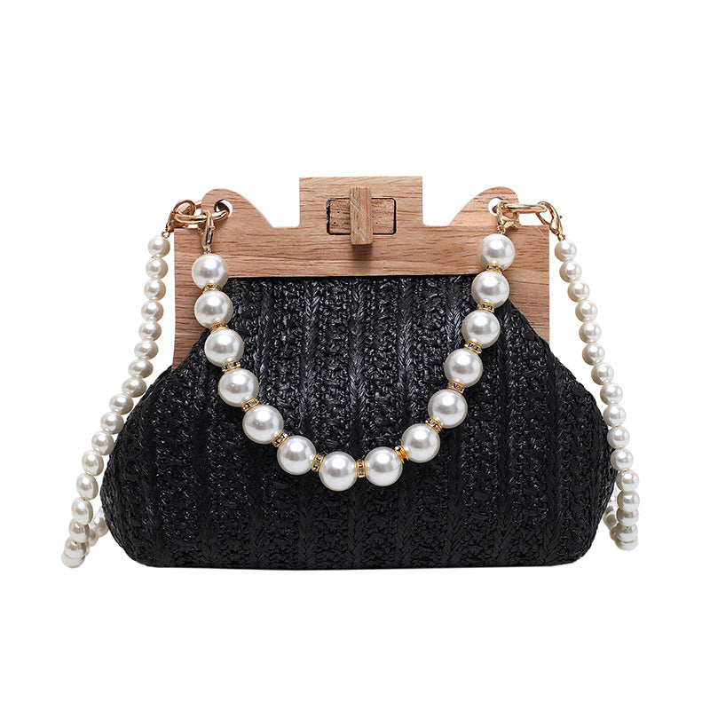 MOs Women's Straw Beach Pearl Chain Woven Shoulder Bag